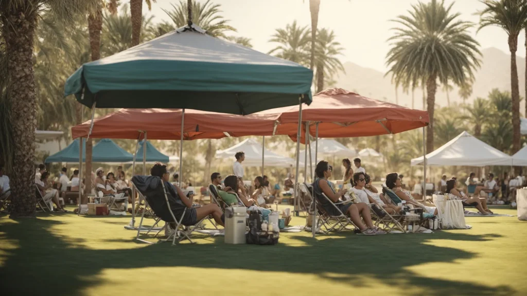 a group of people relax on lawn chairs under the shade of palm trees, receiving iv treatments at an outdoor event in coachella, ca.